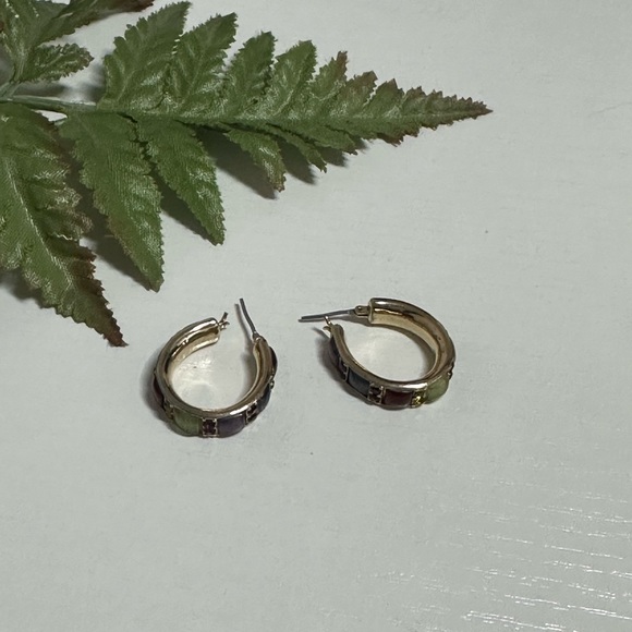 Signed Liz Claiborne Pierced Earrings Enamel Hoops Multicolor Rhinestone 3/4” - Picture 4 of 8